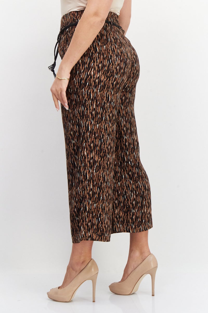 Zero Women Abstract Belted Palazzo Pants, Brown - Image 4